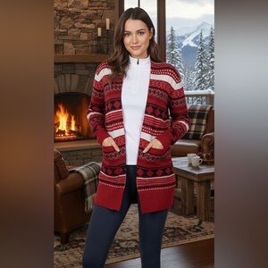 Geometric Jacquard Knit Red Black White Longline Cardigan Sweater Sz: S Academia